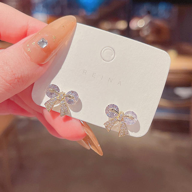 925 silver needle zircon bow studs earrings