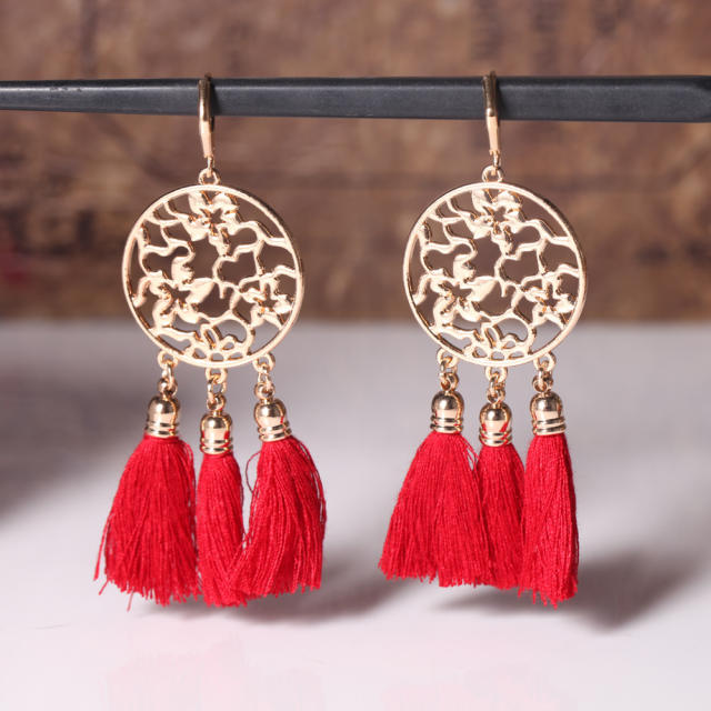 Retro hollowed out hoop thread tassel earrings