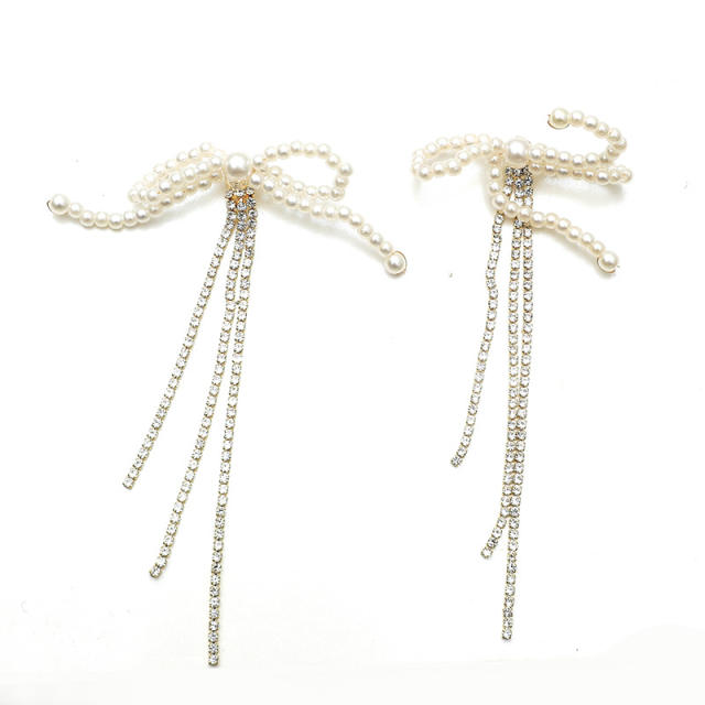 Pearl bow rhinestone tassel earrings