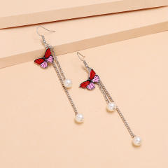 Butterfly Pendant pearl chain tassel earrings