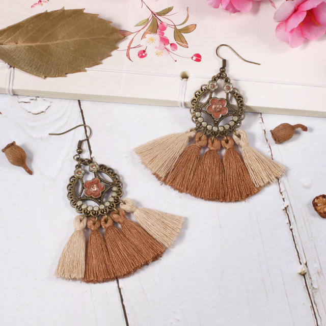 Retro thread hoop tassel earrings