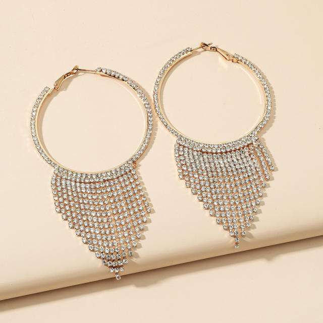 Diamond hoop chain tassel earrings
