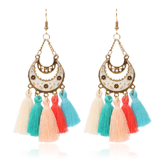 Retro thread hoop tassel earrings