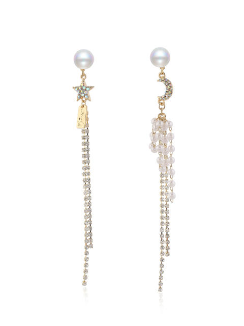 Pearl Rhinestone chain tassel earrings