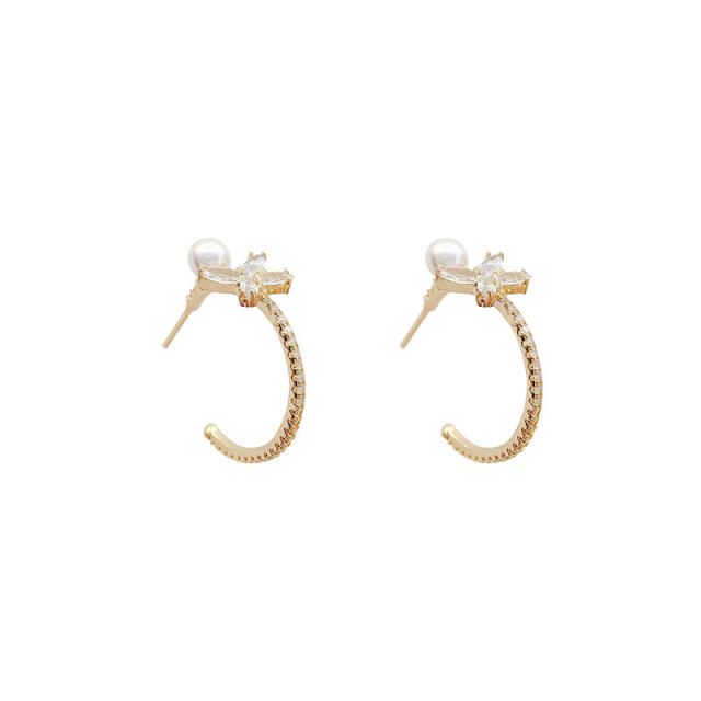 925 silver needle zircon butterfly pearl hoop earrings