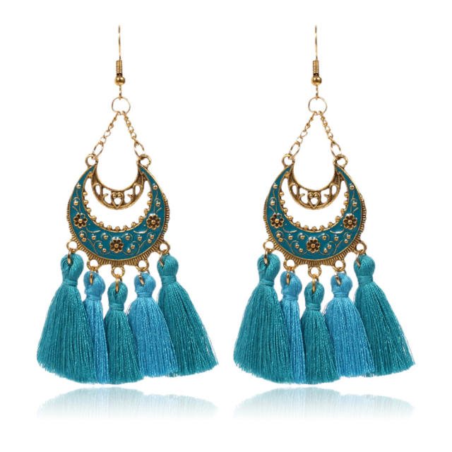 Retro thread hoop tassel earrings