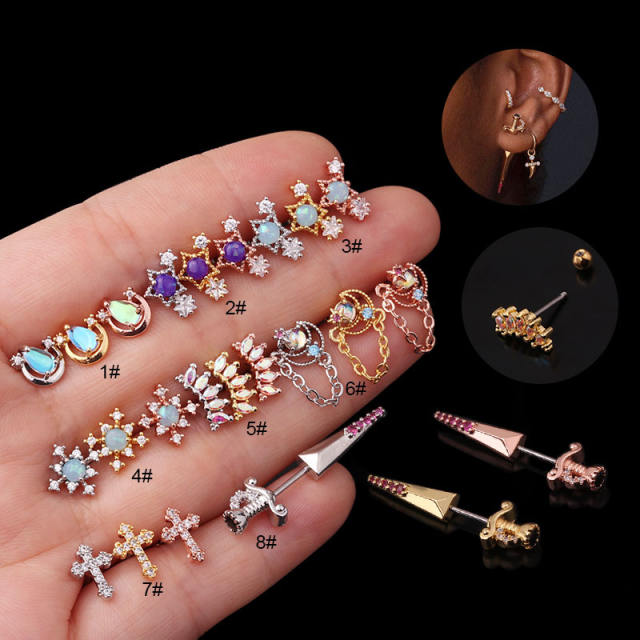 Stainless steel copper zircon studs cartilage earrings