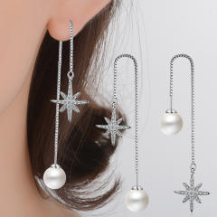 Cubic zirconia star Pearl diamond threader earrings