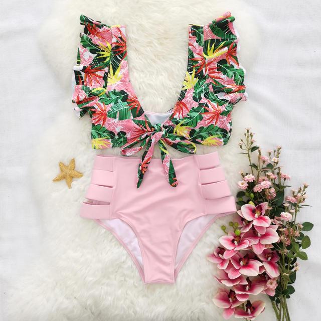 Color print flounced high waist swimsuit