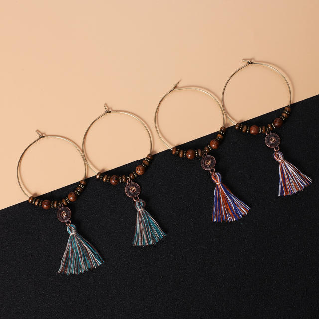 Bohemian style retro hoop thread tassel earrings