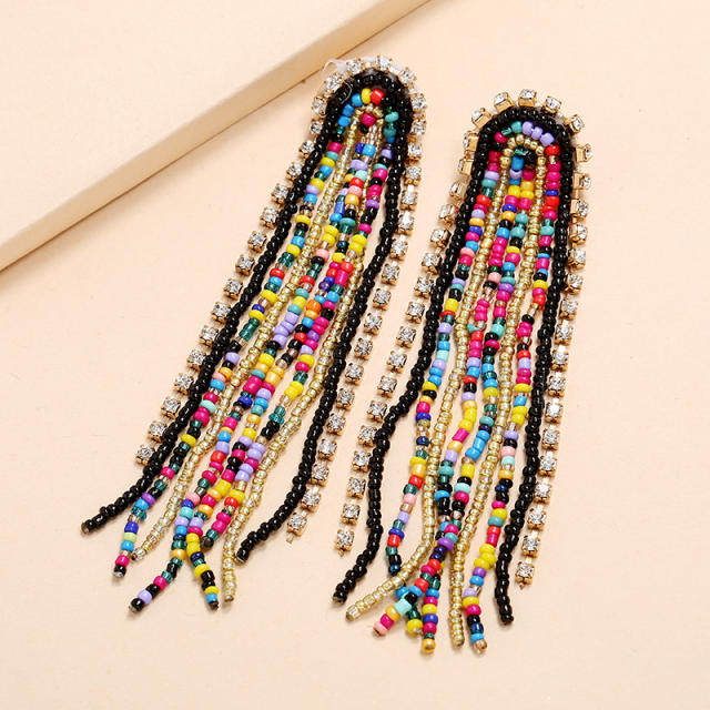 Diamond seed bead tassel earrings