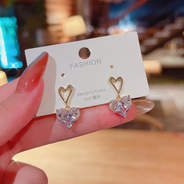 925 silver needle heart-shaped zircon dangling earrings