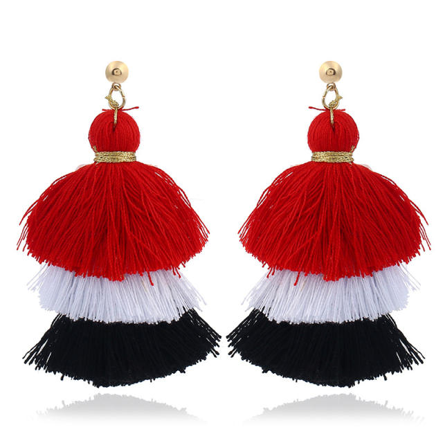 Multi-layer thread tassel earrings