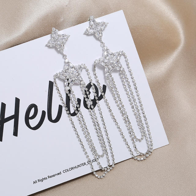 Five-pointed star rhinestone chain tassel earrings 925 silver needle