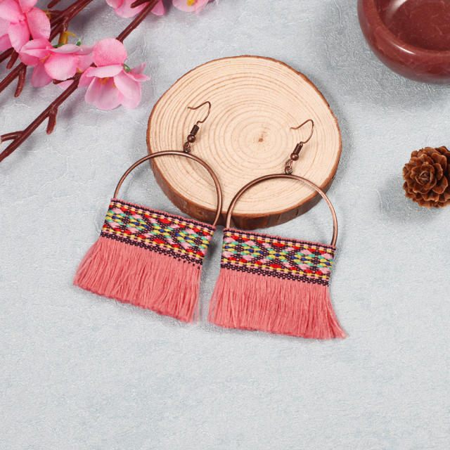 Bohemian style retro thread hoop tassel earrings