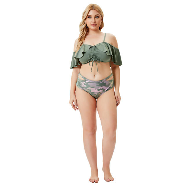 Green color two piece plus size swimwear