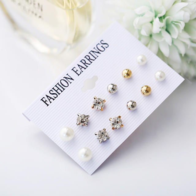 Pearl Rhinestone earrings set 6 pairs