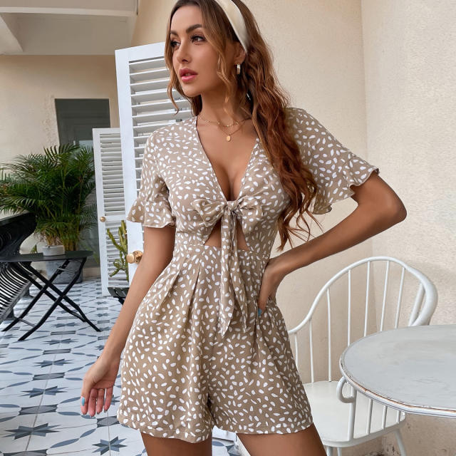Ruffle short sleeve tie front rompers jumpsuit