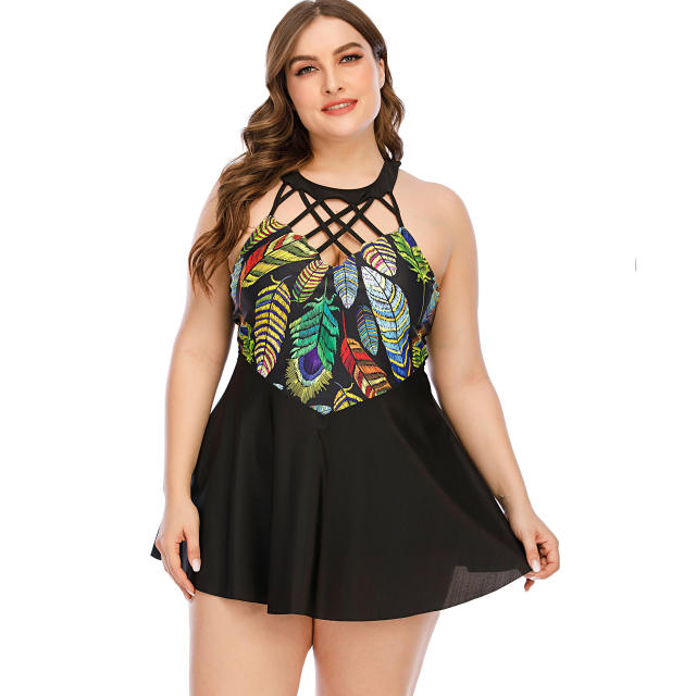 Plus size color print skirt swimsuit