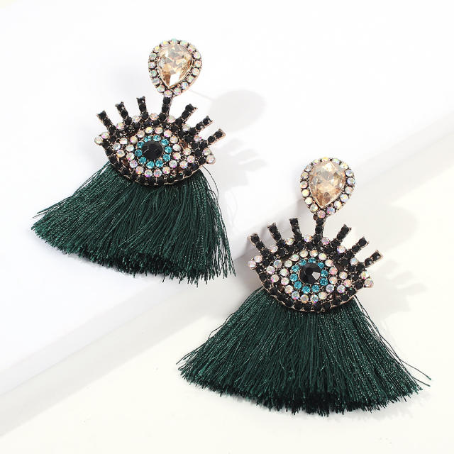 Diamond evil's eye thread tassel earrings