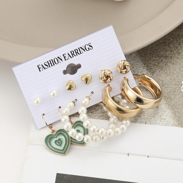 Heart Pearl metal hoop earrings set 6 pairs