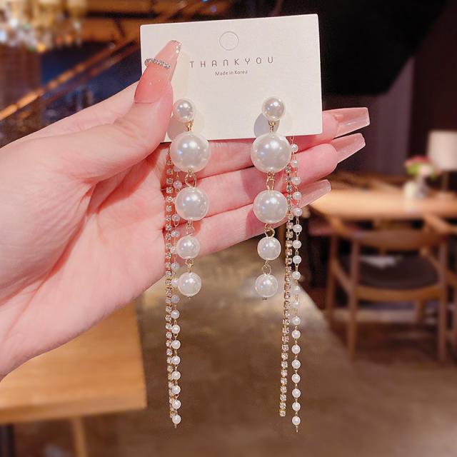 925 silver needle pearl chain diamond-studded tassel earrings