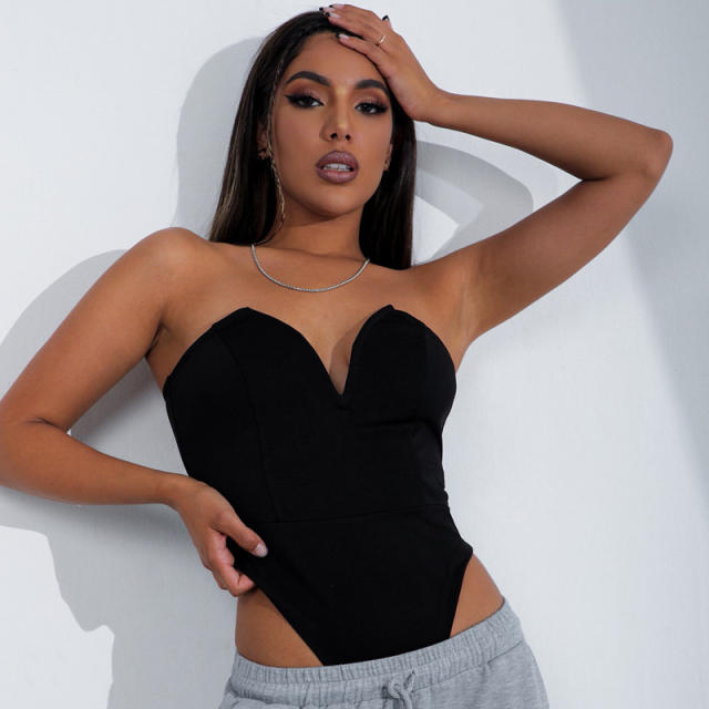 Sexy V neck black bodysuit for woman