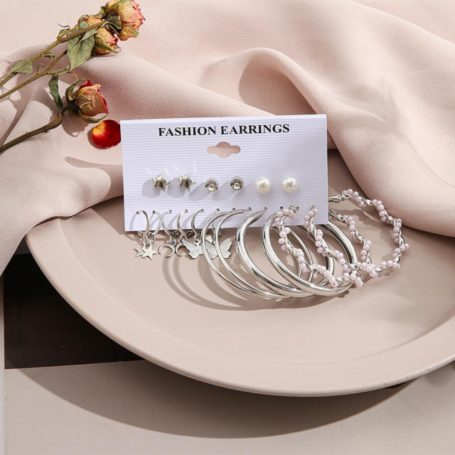 New butterfly pearl earrings five-pointed star moon earrings suit 9 pairs