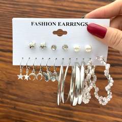 New butterfly pearl earrings five-pointed star moon earrings suit 9 pairs