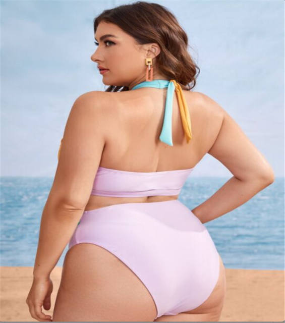 Two color high neck plus size swimwear