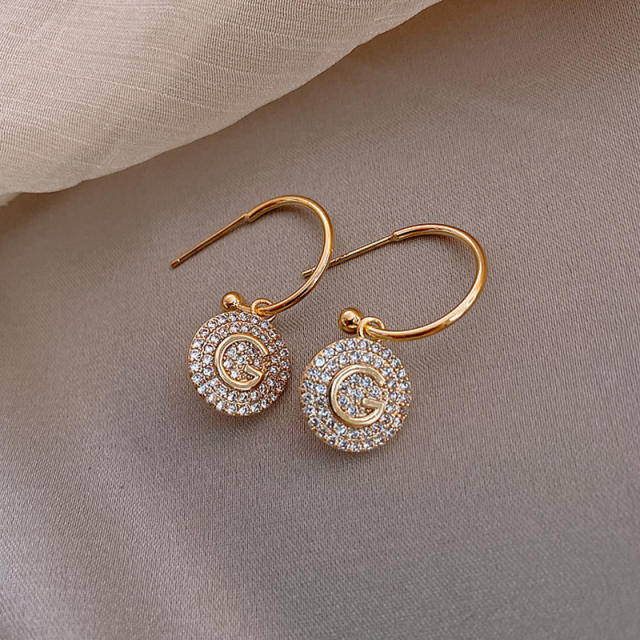 925 silver needle rhinestone round pendant hoop earrings