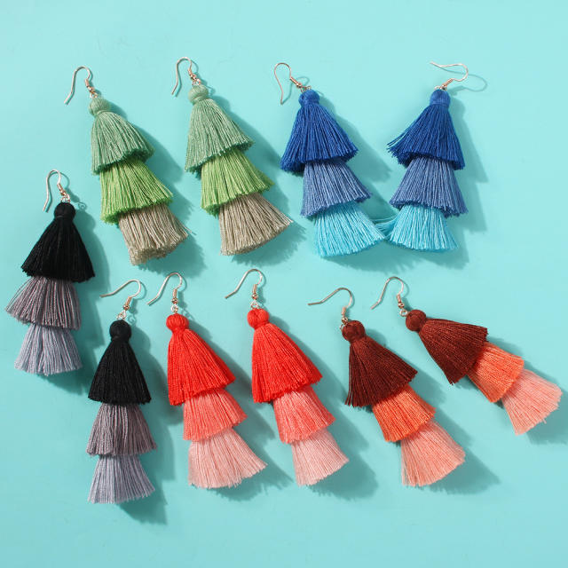 Multi-layer long-style thread tassel earrings