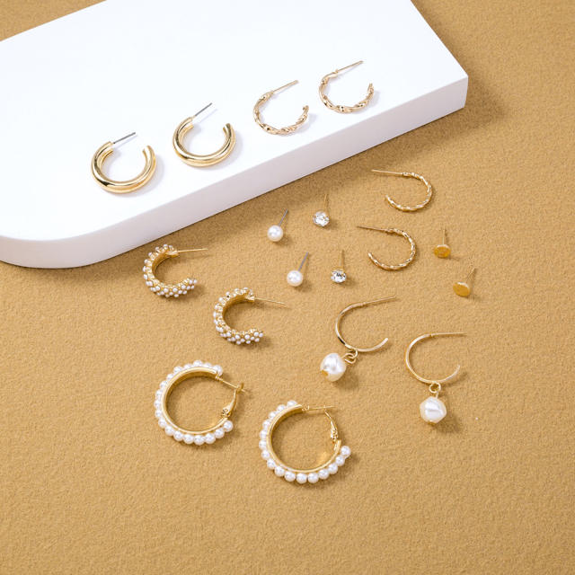 Pearl metal hoop earrings 9 pair set