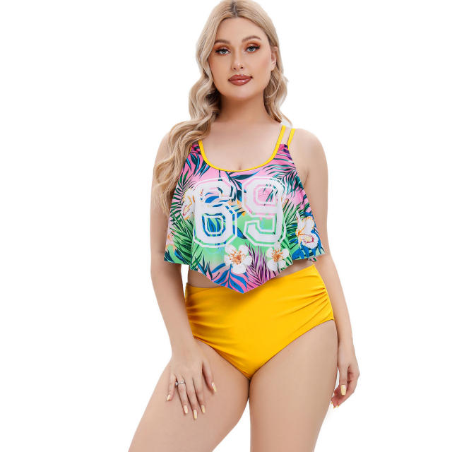 Yellow color printing tankini tops swimsuit