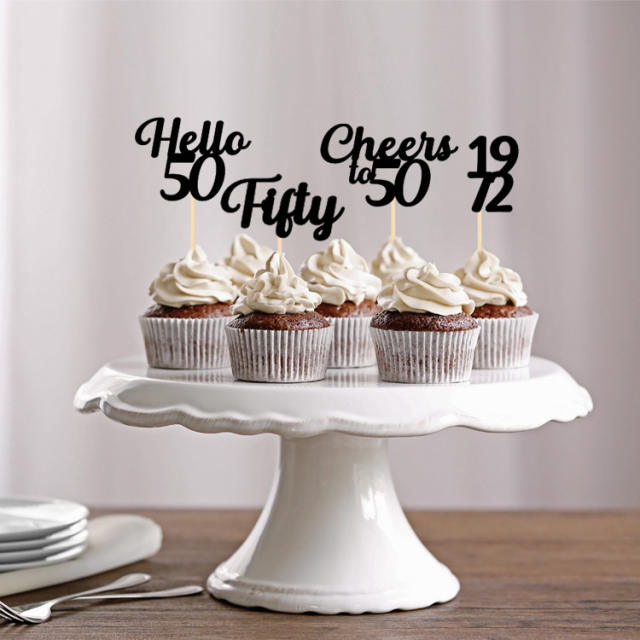 Hello 50 black birthday party cup cake toppers