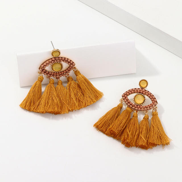 Evil's eye hoop tassel earrings