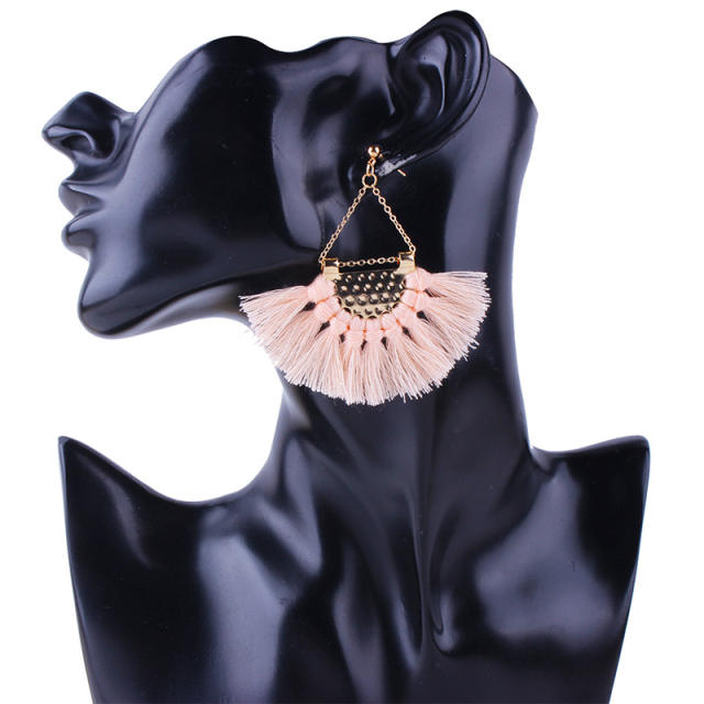 Fan-shaped hoop tassel earrings