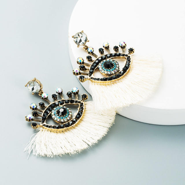 Diamond evil's eye hoop tassel earrings