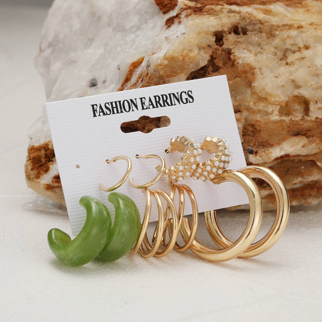 Pearl acrylic alloy hoop earrings set 5 pairs
