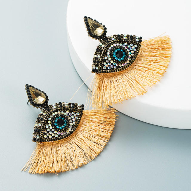 Diamond  evil's eye hoop tassel earrings