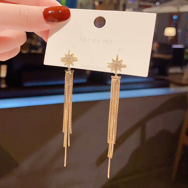 925 silver needle Star long-style diamond chain tassel earrings