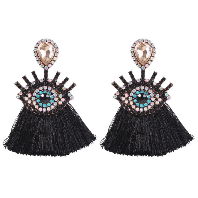 Diamond evil's eye thread tassel earrings