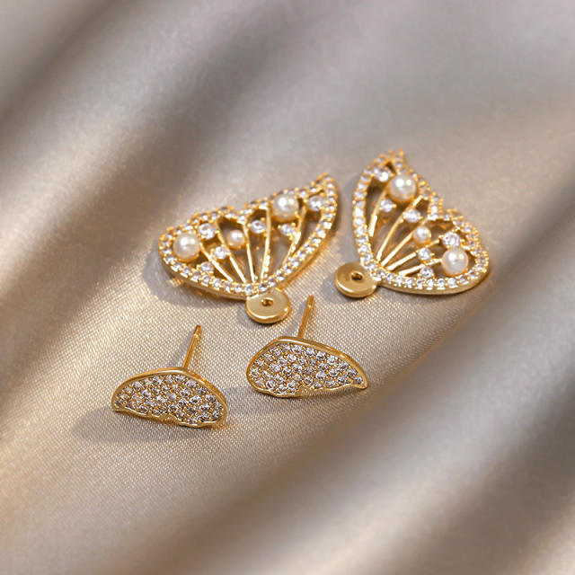 Fashion rhinestone pearl butterfly jacket earrings