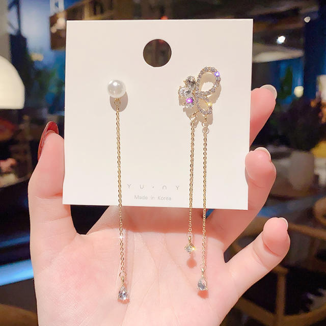 925 silver needle diamond butterfly chain tassel earrings