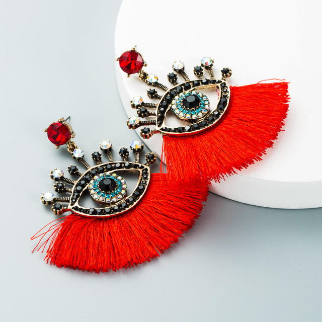 Diamond evil's eye hoop tassel earrings