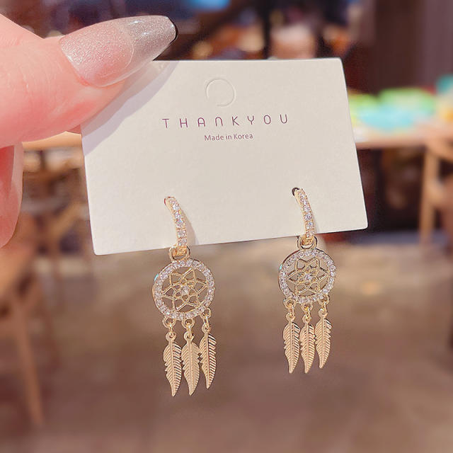 925 silver needle diamond leaf tassel earrings