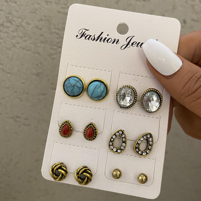 6 pairs turquoise rhinestone pearl earrings set