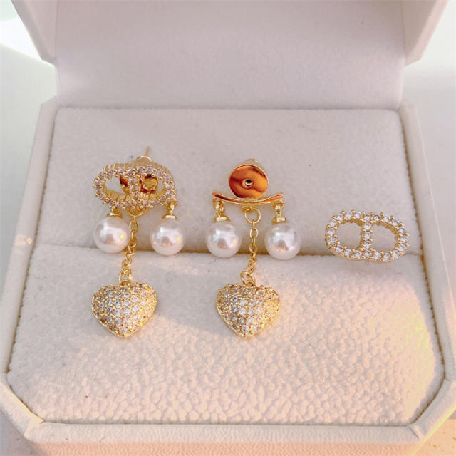 Fashion CD letter loving heart zircon Pearl tassel earrings