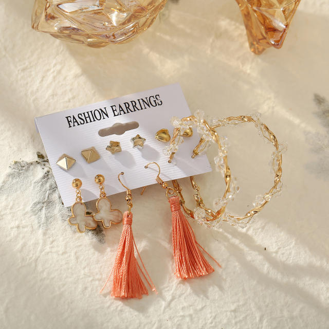Heart butterfly tassel earrings set 6 pairs