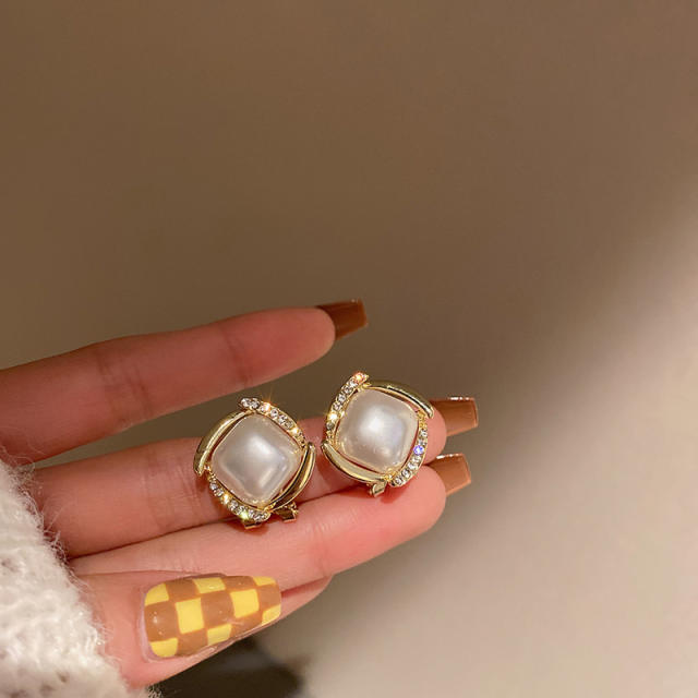 925 silver needle rhinestone square pearl studs earrings